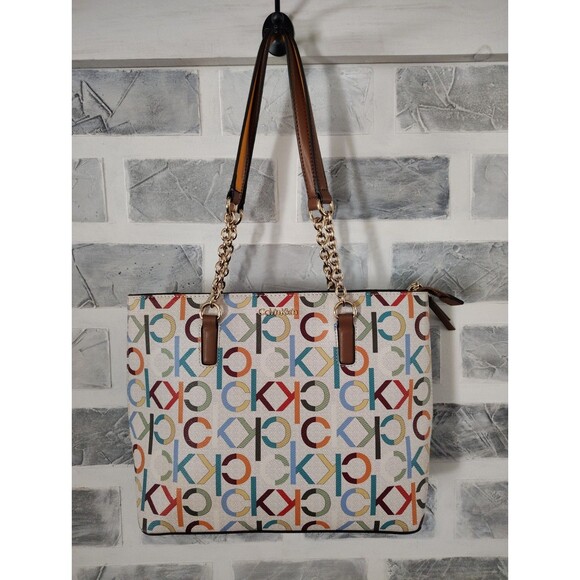Calvin Klein Serafina Purse Tote Cherub White Multi One Size Allover Monogram - Picture 2 of 15